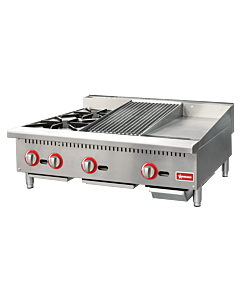 Omcan 36" Natural Gas Combination Countertop Hot Plate, Charbroiler, and Griddle - 115,000 BTU