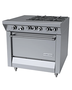 Garland M43-1S Master Series 34" Liquid Propane Range with 12" wide Hot Top, 4 Open Burners and 1 Storage Base - 102,000 BTU - CA