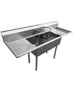 Zanduco 72" 18-Gauge Two Compartment Stainless Steel Sink with 1.8" Corner Drain and Two Drain Boards - 18" X 18" X 11" Bowls - CA