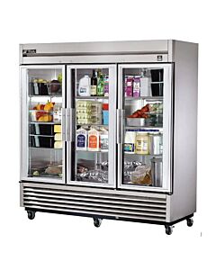 True T-72G-HC~FGD01 Three Section Glass Door Reach In Refrigerator with LED Lighting - 72 cu.ft. - CA