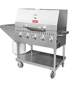 Omcan Stainless Steel Gas Outdoor BBQ Grill with 5 Burners, 1 Roll Dome, Top and Side Shelf - 80,000 BTU