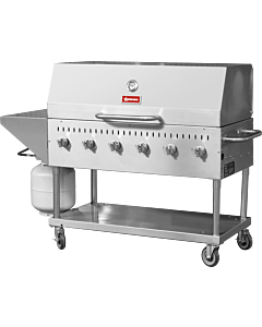 Omcan Stainless Steel Gas Outdoor BBQ Grill with 6 Burners, 1 Roll Dome, Top and Side Shelf - 96,000 BTU