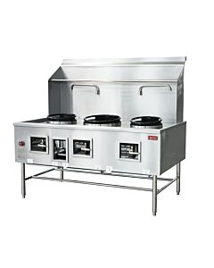 Omcan Three Chamber Natural Gas Wok Range with 2" x 16" & 16" Rings, Backsplash, and Faucet - 315,000 BTU