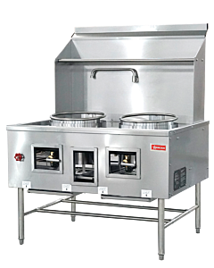 Omcan Two Chamber Wok Range with 2 x 16" Rings, Backsplash, Faucet, and 190,000 BTU - Natural Gas - CA
