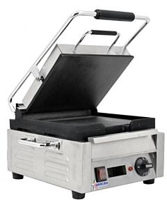 Omcan Single Panini Sandwich Grill with Smooth Plates and Timer 10" x 11" Cooking Surface - 120V, 1800W