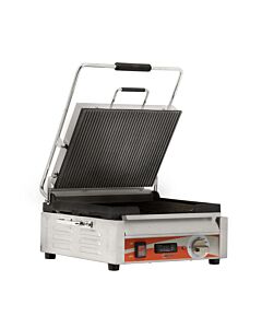 Omcan 19" x 17" Single Panini Grill with Grooved Plates 12" x 15" Cooking Surface and Timer - 120V, 1800W