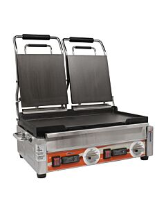 Omcan Double Panini Grill with Smooth Plates with Timer 10" x 18" Cooking Surface - 220V, 3200W