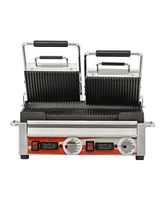 Omcan Double Panini Grill with Top and Bottom Grooved Grill 10" x 18" Surface and Timer - 220V, 3200W