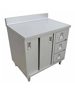 Zanduco 30" Depth Worktable with Backsplash, Cabinet, Drawes, and Sliding Doors