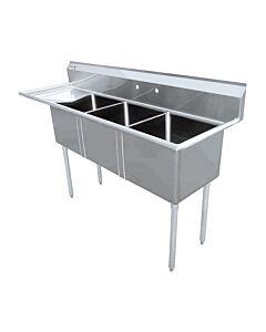 Zanduco 74.5" 18-Gauge Three Compartment Stainless Steel Sink with 3.5" Center Drain and Left Drain Board - 18" x 21" x 14" Bowls - USA