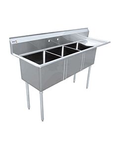 Zanduco 74.5" 18-Gauge Three Compartment Stainless Steel Sink with 3.5" Center Drain and Right Drain Board - 18" x 21" x 14" Bowls - USA