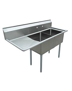 Zanduco 56.5" 18-Gauge Two Compartment Stainless Steel Sink with 3.5" Center Drain and Left Drain Board -18" x 21" x 14" Bowls - CA