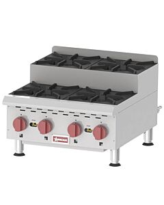 Omcan Countertop Stainless Steel Step Up Gas Hot Plates with 4 Burners Natural Gas with Propane Conversion Kit - 120,000 BTU