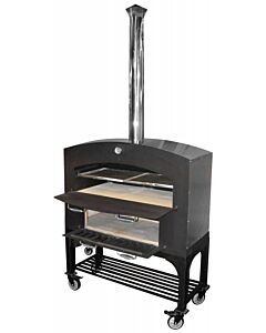 Omcan 46" Outdoor Double-Chamber Wood-Fired Pizza Oven with Stainless Steel Shelf, Stand and Casters
