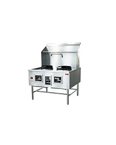 Omcan Two Chamber Natural Gas Wok Range with 13 + 16" Rings, Backsplash, and Faucet - 220,000 BTU