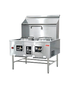 Omcan Two Chamber Wok Range with 2 x 16" Rings, Backsplash, Faucet, and 190,000 BTU - Natural Gas
