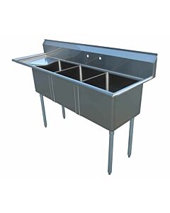 Zanduco 74.5" 18-Gauge Three Compartment Stainless Steel Sink with 1.8" Corner Drain and Left Drain Board - 18" X 18" X 11" Bowls - USA