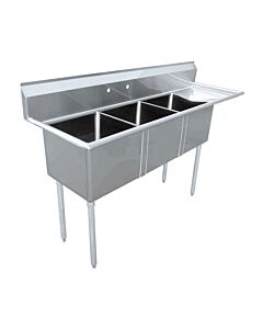 Zanduco 74.5" 18-Gauge Three Compartment Stainless Steel Sink with 1.8" Corner Drain and Right Drain Board - 18" X 18" X 11" Bowls - USA