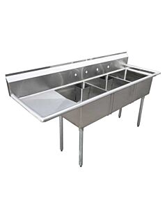 Zanduco 98.5" 18-Gauge Three Compartment Stainless Steel Sink with 1.8" Corner Drain and Left Drain Board - 24" X 24" X 14" Bowls - USA