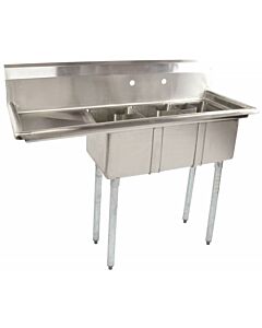 Zanduco 48.6" 18-Gauge Three Compartment Stainless Steel Sink with 1.5" Corner Drain and Left Drain Board - 10" X 14" X 10" Bowls - USA