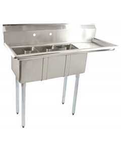 Zanduco 48.6" 18-Gauge Three Compartment Stainless Steel Sink with 1.5" Corner Drain and Right Drain Board - 10" X 14" X 10" Bowls - USA