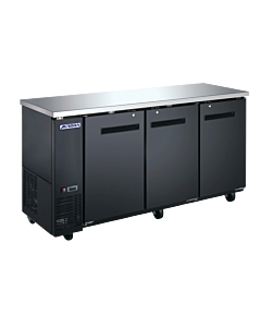 Aurora 73" Black Back Bar 3-Solid Door Cooler with 525L Capacity and Stainless Steel Countertop - 110V, 396W