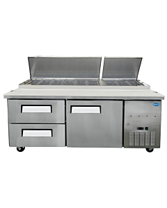 Zanduco 71" Stainless Steel Single Door Refrigerated Pizza Prep Table with Drawers and 623 L Capacity - 110-120 V, 1/4 HP - CA