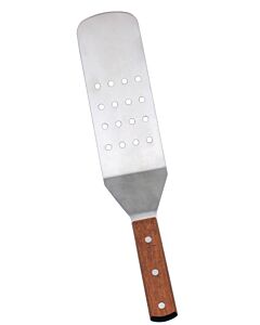 Omcan Satin Stainless Steel Flexible Kitchen Turner with 9.5" x 3" Perforated Blade - Short Wooden Handle