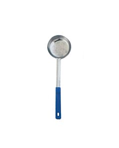 Omcan 8 oz. One-Piece Stainless Steel Solid Portion Control Spoon with Blue Handle - USA