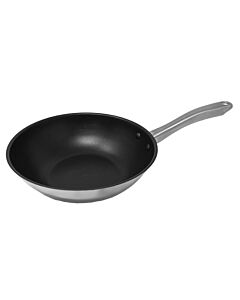 Omcan 11" Stainless Steel 3-Ply Non-Stick Flat Bottom Wok with Stainless Steel Handle 3.15" Depth
