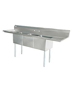 Zanduco 90" 18-Gauge Three Compartment Stainless Steel Sink with 1.8" Corner Drain and Two Drain Boards - 18" X 21" X 14" Bowls - USA