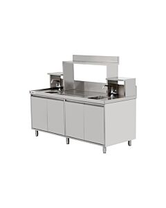 Omcan 72" Bubble Tea Station with 6” Backsplash, Two 15” x 15” x 10” Sinks, Drainage Panels & Overshelves