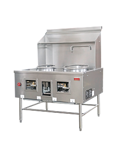 Omcan Two Chamber Natural Gas Wok Range with 13" and 16" Rings, Backsplash, and Faucet - 220,000 BTU