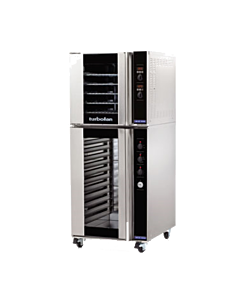 Turbofan E32D5/P12M Full Size Sheet Pan Digital/Electric Convection Oven Double Stacked on a Manual/Electric/Proofer and Holding Cabinet