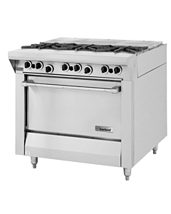 Garland M43-FTS Master Series 34" Liquid Propane Range with 3 Open Burners, 3 Hot Tops and 1 Storage Base - 96,000 BTU