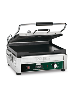 Waring WDG250T Dual Panini Grill with Timer, Ribbed Top Plate, Flat Bottom Plate, 14.5" x 11", 120V/1800W