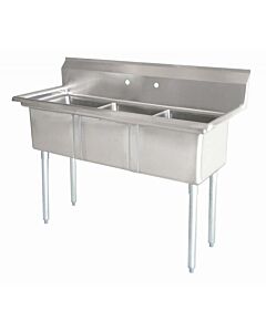 Zanduco 59" 18-Gauge Three Compartment Stainless Steel Sink with 1.8" Corner Drain and No Drain Board - 18" X 18" X 11" Bowls - USA