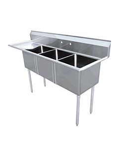 Zanduco 74.5" 18-Gauge Three Compartment Stainless Steel Sink with 1.8" Corner Drain and Left Drain Board - 18" X 21" X 14" Bowl - USA