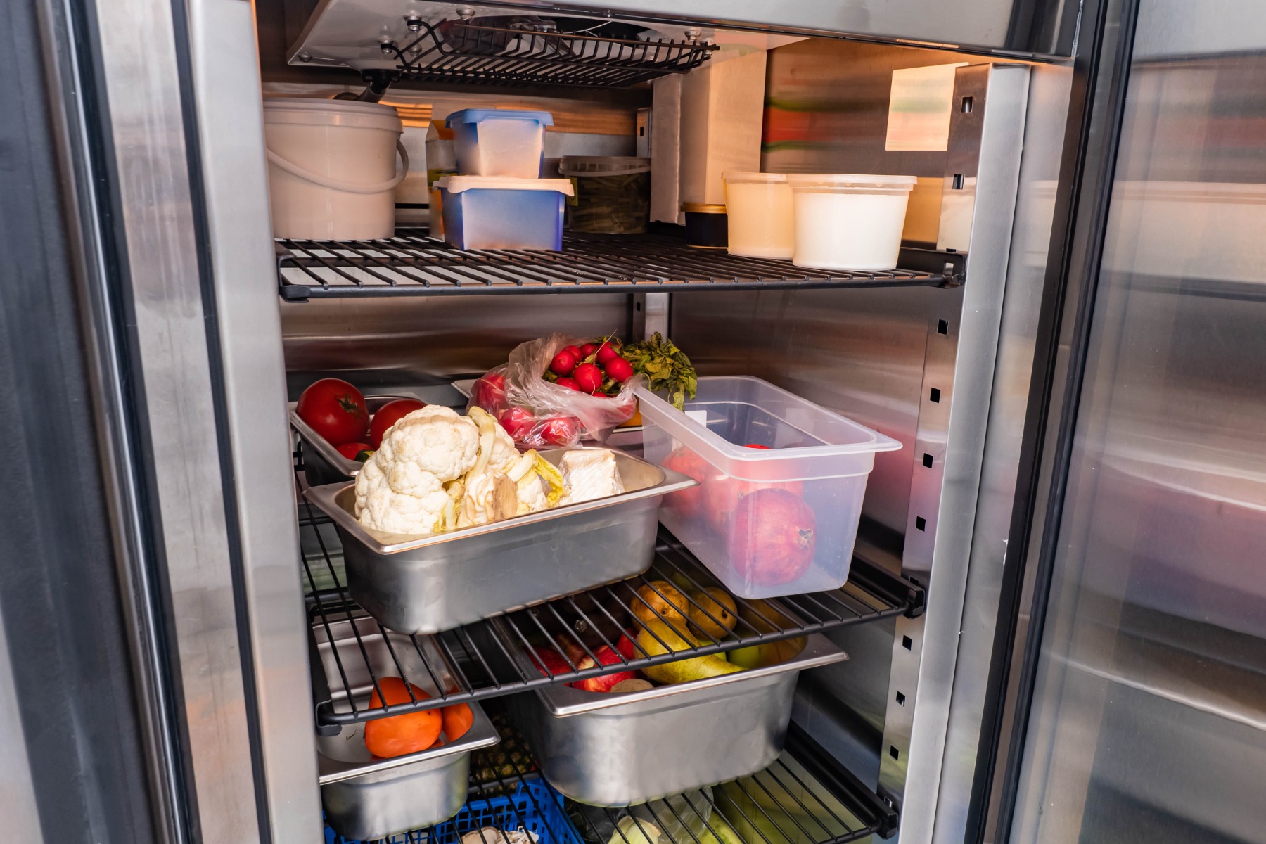 The interior of a restaurant refrigeration machine.