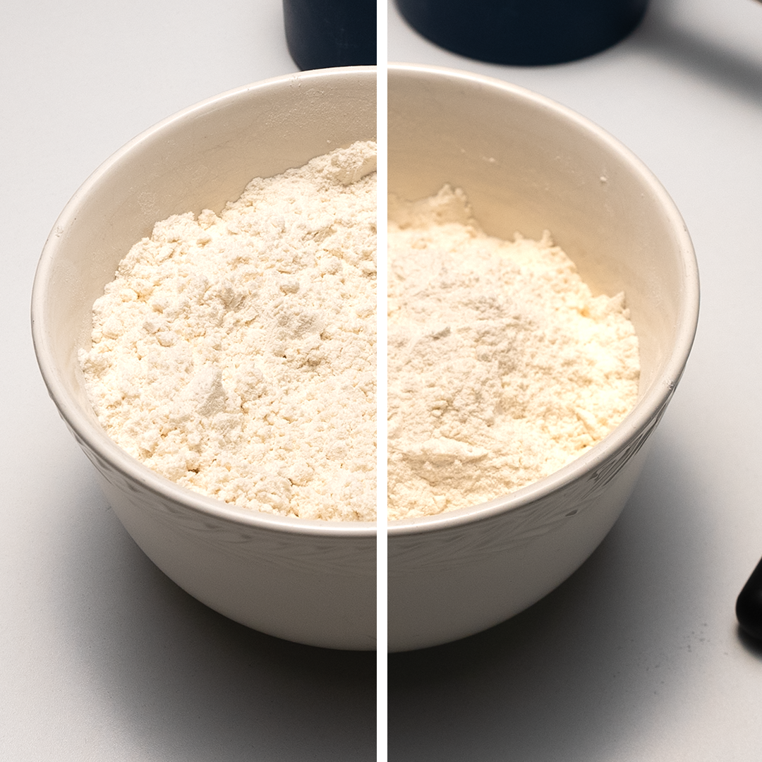 a picture with sifted flour and unsifted flour to show the difference